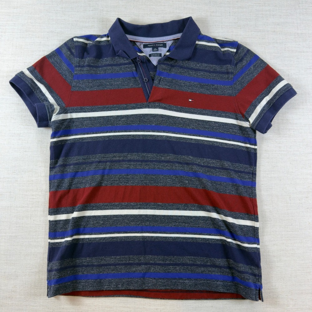 Tommy Hilfiger Mens Custom Fit Striped Polo Shirt Navy Blue Red Grey Large
